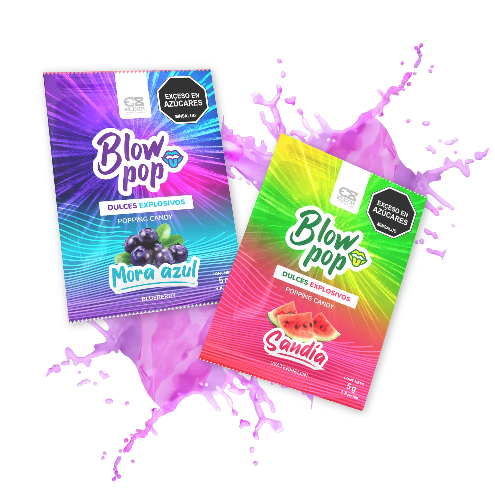 Elixir para sexo oral Blow Pop con sabores a mora azul y sandía, en sobre de 5 gramos.
